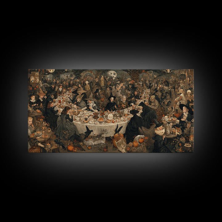 The Witches' Tea Party, Northern Renaissance Horror, Wide Panoramic Art, Gothic Horror Wall Art, Framed Canvas Print