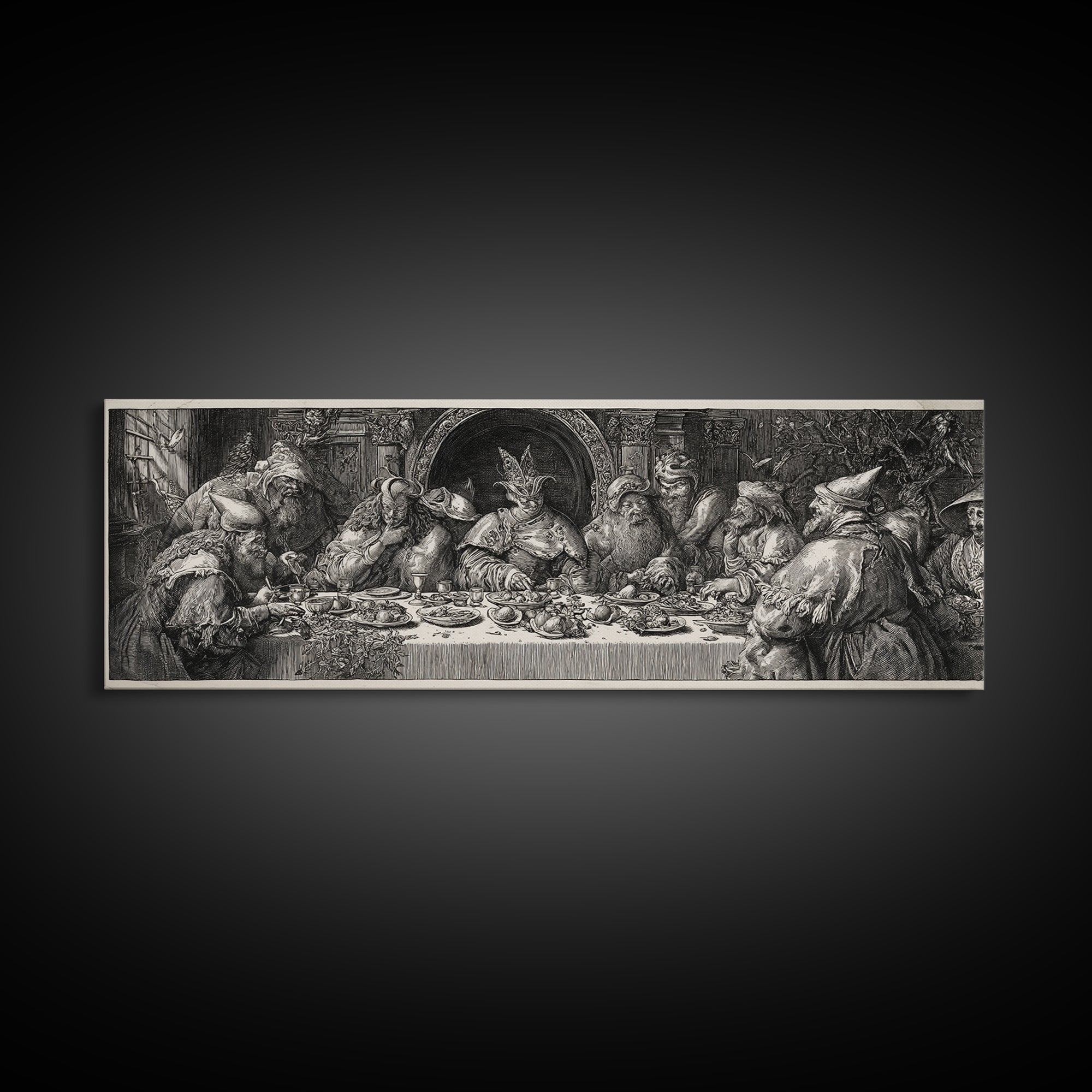 The Witches' Tea Party, Renaissance Engraving Art, Extra Wide Wall Art, Gothic Horror Wall Art, Canvas Print, Halloween Wall Art