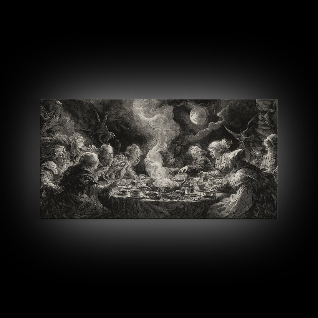 The Witches' Tea Party, Baroque Witchcraft Art, Wide Panoramic Art, Dark Halloween Decor, Canvas Print, Halloween Wall Art