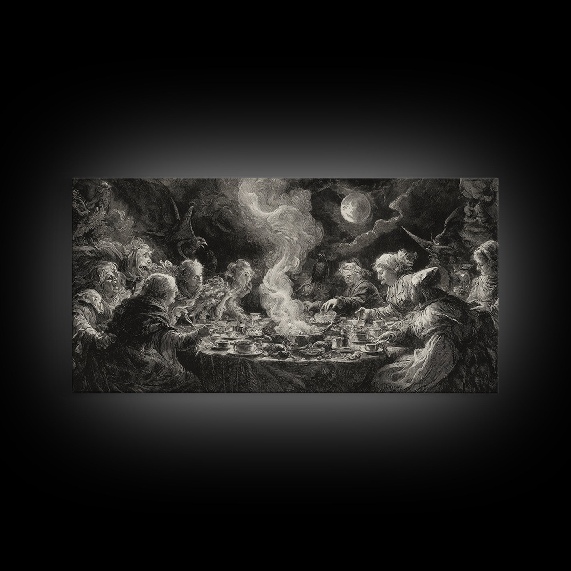 The Witches' Tea Party, Baroque Witchcraft Art, Wide Panoramic Art, Dark Halloween Decor, Canvas Print, Halloween Wall Art