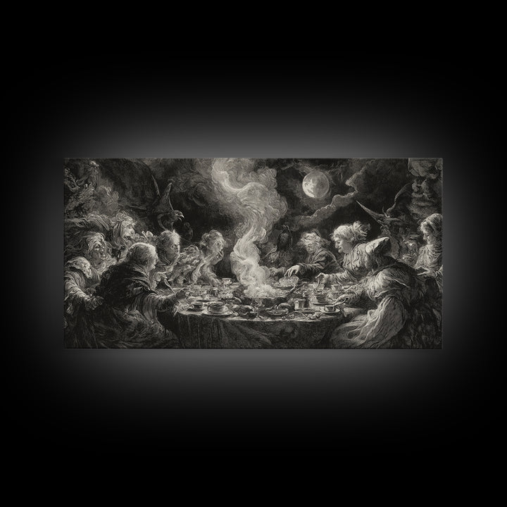 The Witches' Tea Party, Baroque Witchcraft Art, Wide Panoramic Art, Dark Halloween Decor, Canvas Print, Halloween Wall Art