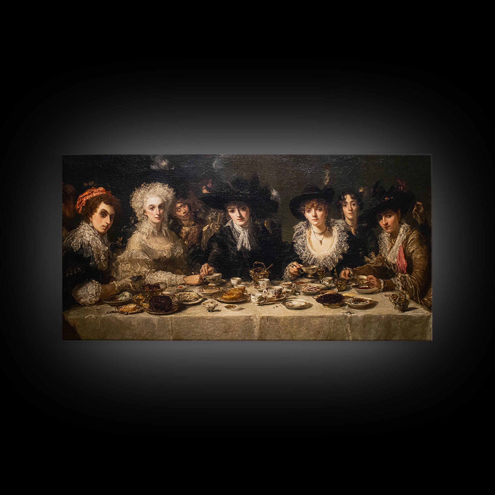 The Witches' Tea Party, Dark Romantic Horror Art, Wide Panoramic Art, Dark Fantasy Wall Art, Framed Canvas Print, Halloween Wall Art
