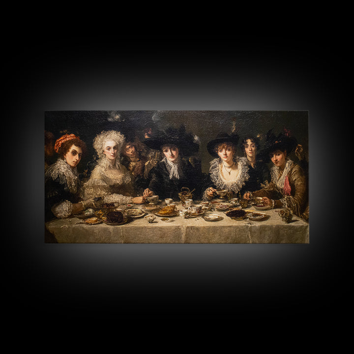The Witches' Tea Party, Dark Romantic Horror Art, Wide Panoramic Art, Dark Fantasy Wall Art, Framed Canvas Print, Halloween Wall Art