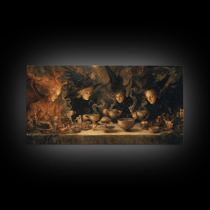 The Witches' Tea Party, Visionary Gothic Art, Wide Panoramic Art, Macabre Wall Art, Framed Canvas Print, Halloween Wall Art