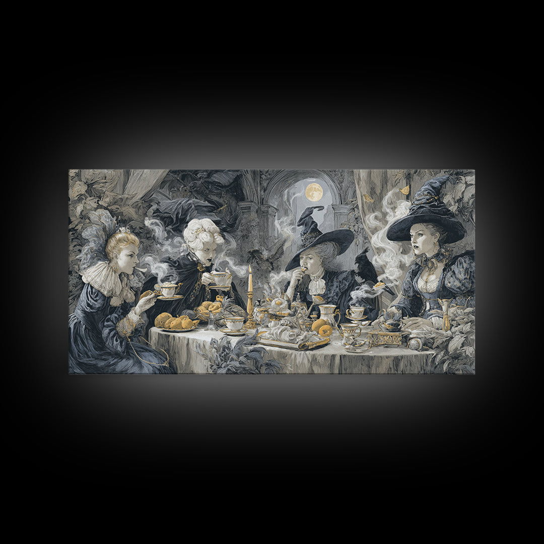 The Witches' Tea Party, Architectural Etching Art, Wide Panoramic Art, Dark Halloween Decor, Canvas Print, Halloween Wall Art