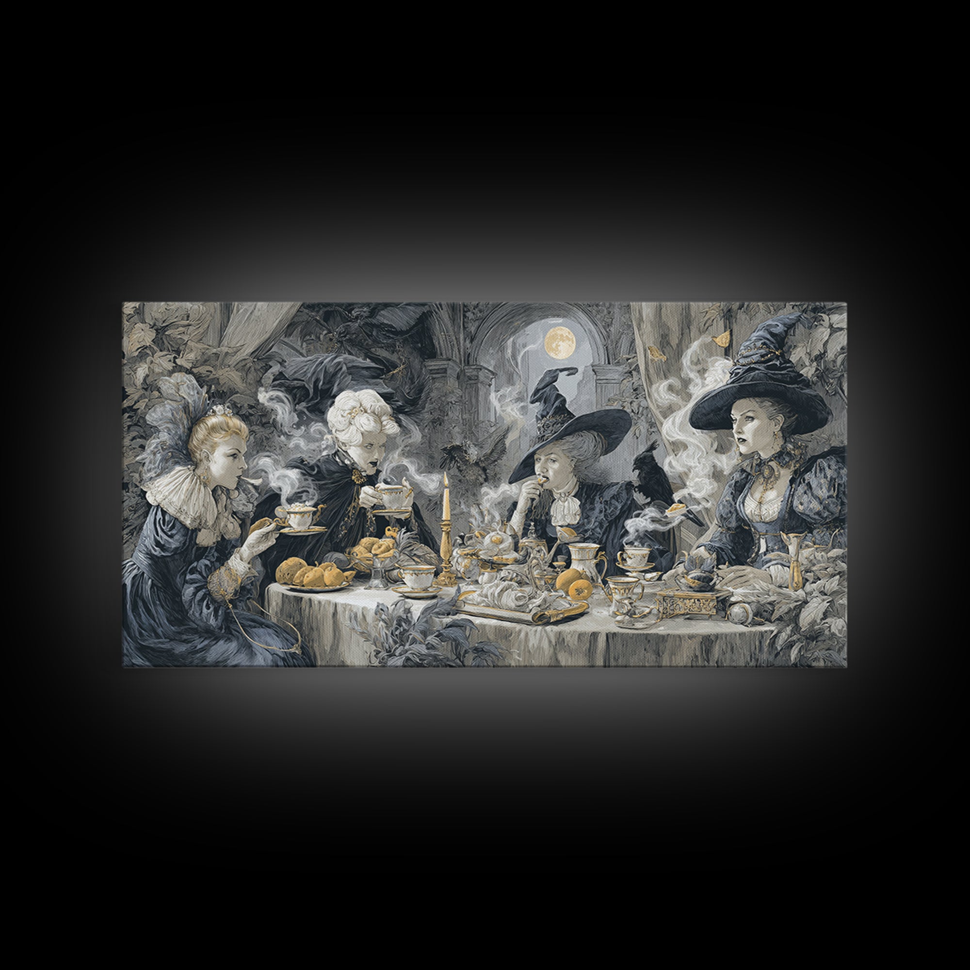 The Witches' Tea Party, Architectural Etching Art, Wide Panoramic Art, Dark Halloween Decor, Canvas Print, Halloween Wall Art