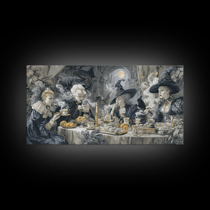 The Witches' Tea Party, Architectural Etching Art, Wide Panoramic Art, Dark Halloween Decor, Canvas Print, Halloween Wall Art