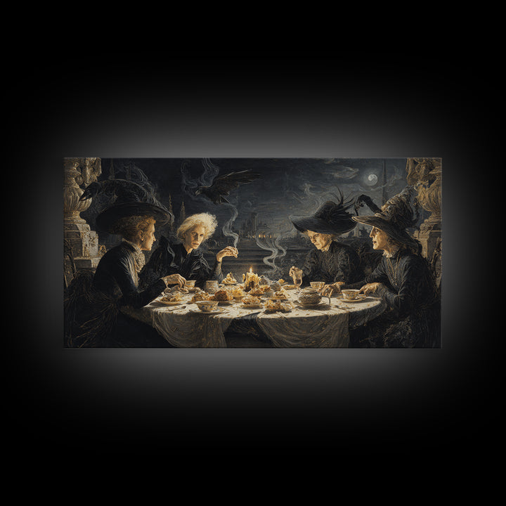 The Witches' Tea Party, Romantic Gothic Landscape, Wide Panoramic Art, Dark Fantasy Wall Art, Framed Canvas Print