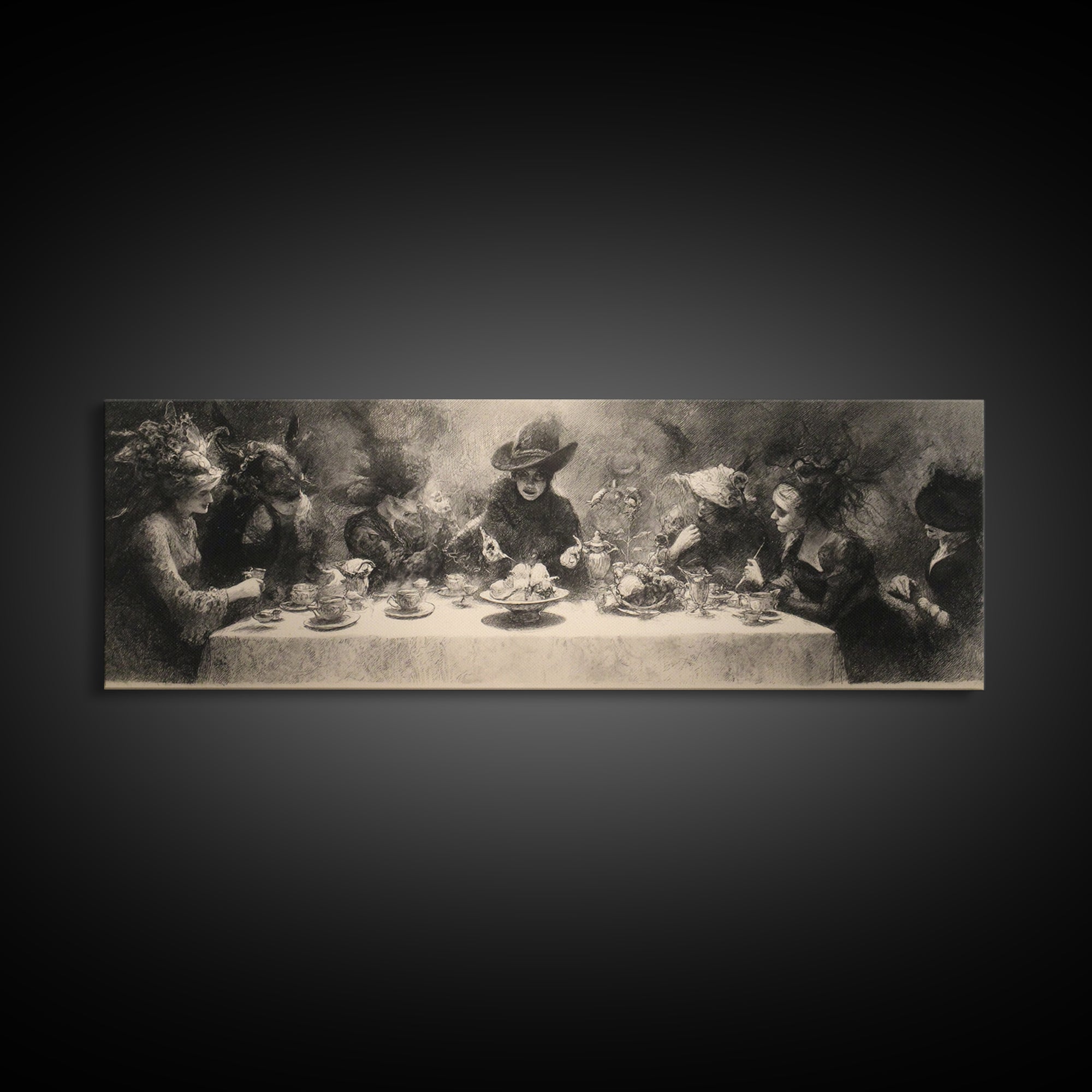 The Witches' Tea Party, Symbolist Dream Art, Extra Wide Wall Art, Gothic Horror Wall Art, Canvas Print, Halloween Wall Art
