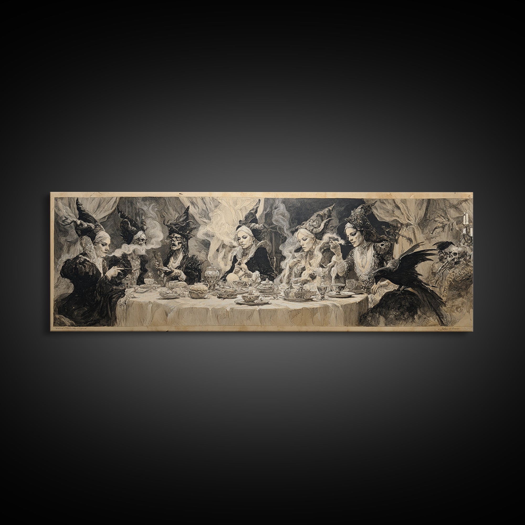 The Witches' Tea Party, Decadent Gothic Art, Extra Wide Wall Art, Dark Fantasy Wall Art, Framed Canvas Print, Halloween Wall Art