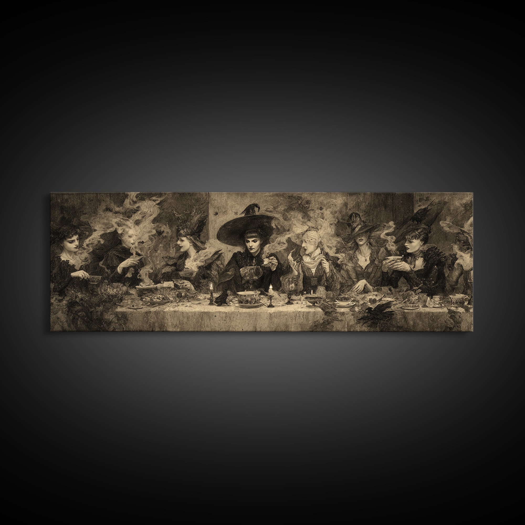 The Witches' Tea Party, Dark Symbolist Art, Extra Wide Wall Art, Dark Fantasy Wall Art, Framed Canvas Print, Halloween Wall Art