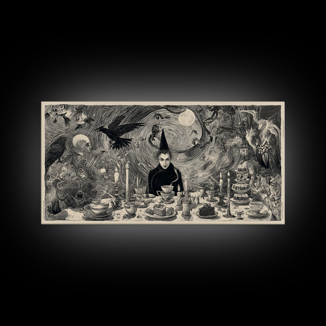The Witches' Tea Party, Expressionist Nightmare Art, Wide Panoramic Art, Dark Fantasy Wall Art, Canvas Print, Halloween Wall Art