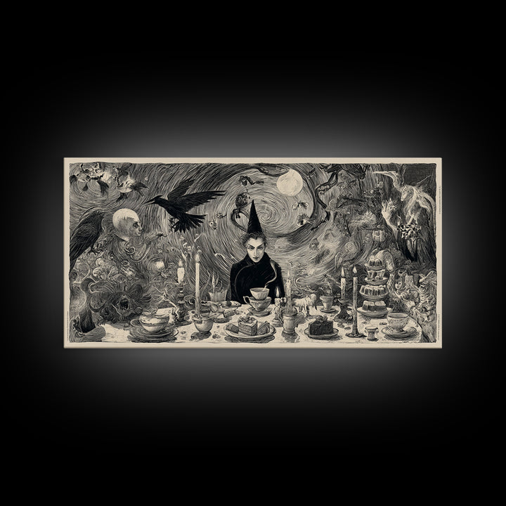The Witches' Tea Party, Expressionist Nightmare Art, Wide Panoramic Art, Dark Fantasy Wall Art, Canvas Print, Halloween Wall Art