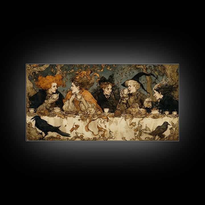 The Witches' Tea Party, Gothic Storybook Art, Wide Panoramic Art, Dark Halloween Decor, Framed Canvas Print, Halloween Wall Art