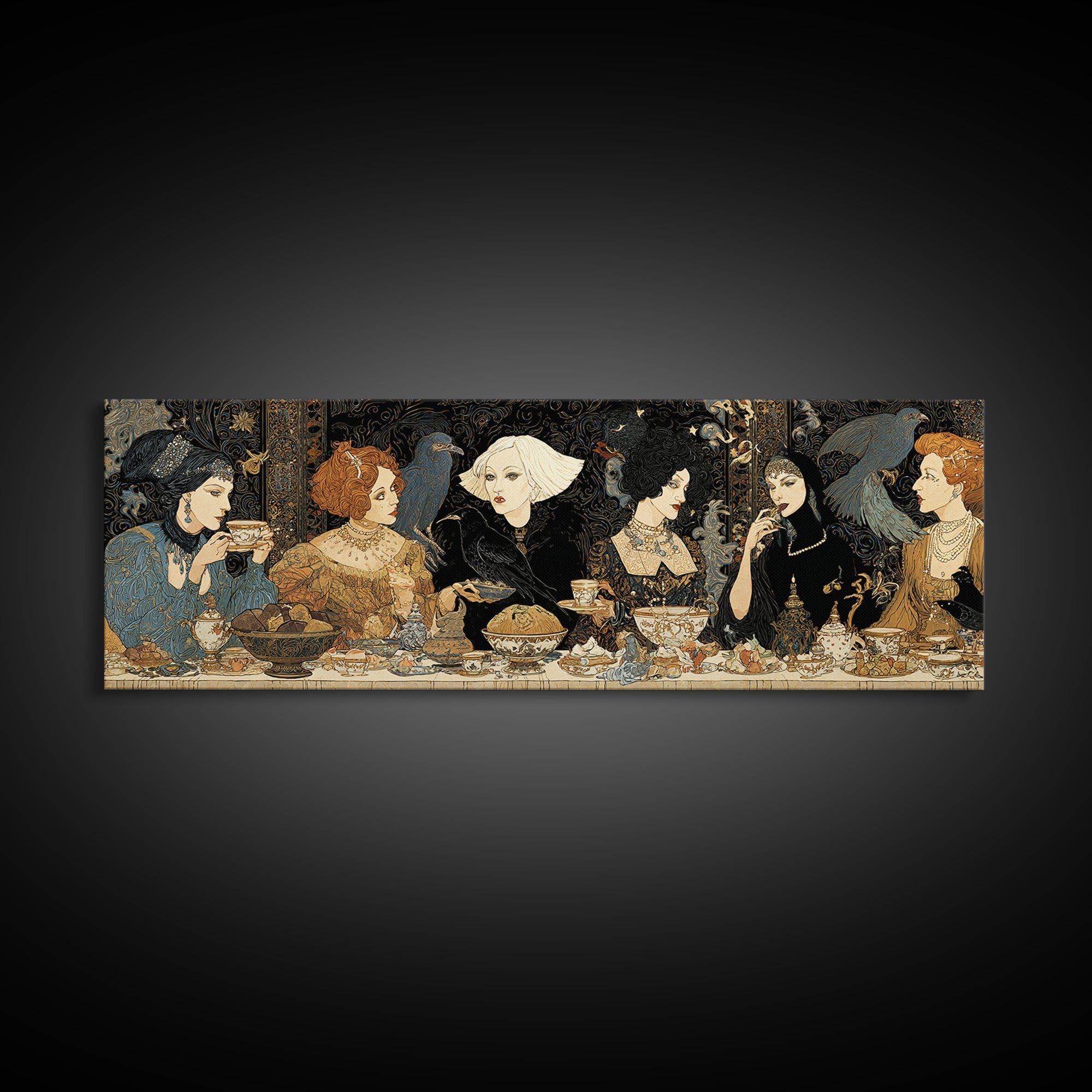 The Witches' Tea Party, Stained Glass Gothic Art, Extra Wide Wall Art, Dark Fantasy Wall Art, Framed Canvas Print, Halloween Wall Art