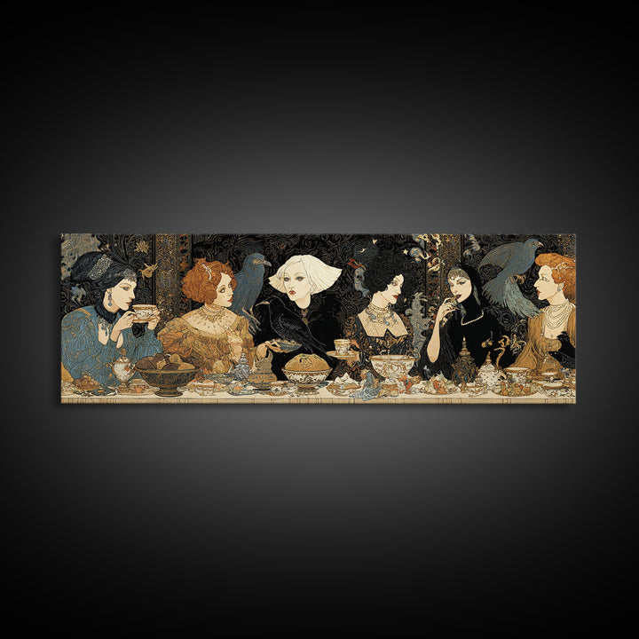 The Witches' Tea Party, Stained Glass Gothic Art, Extra Wide Wall Art, Dark Fantasy Wall Art, Framed Canvas Print, Halloween Wall Art