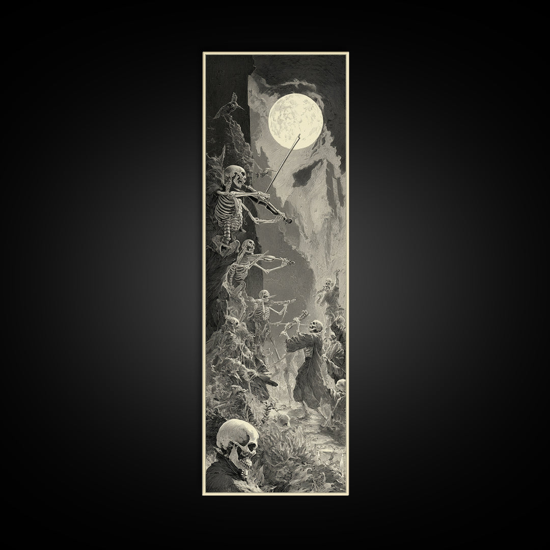 The Skeleton Orchestra, Gothic Engraving Art, Tall Narrow Wall Art, Dark Halloween Decor, Canvas Print, Halloween Wall Art