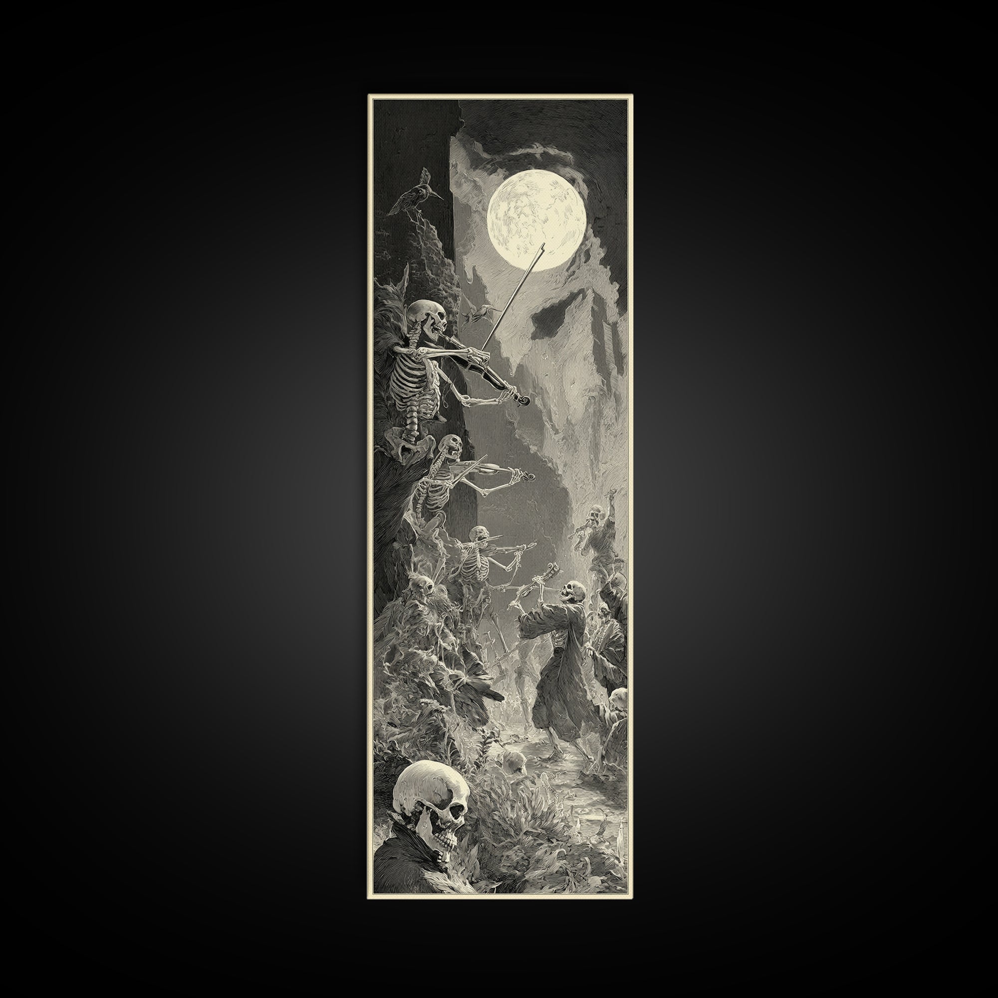 The Skeleton Orchestra, Gothic Engraving Art, Tall Narrow Wall Art, Dark Halloween Decor, Canvas Print, Halloween Wall Art