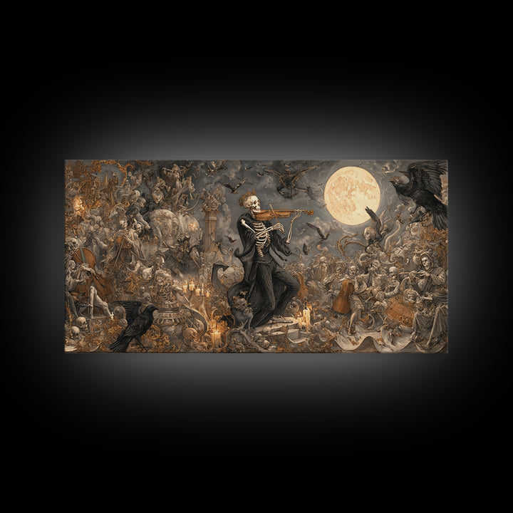 The Skeleton Orchestra, Medieval Grotesque Art, Wide Panoramic Art, Macabre Wall Art, Canvas Print, Halloween Wall Art