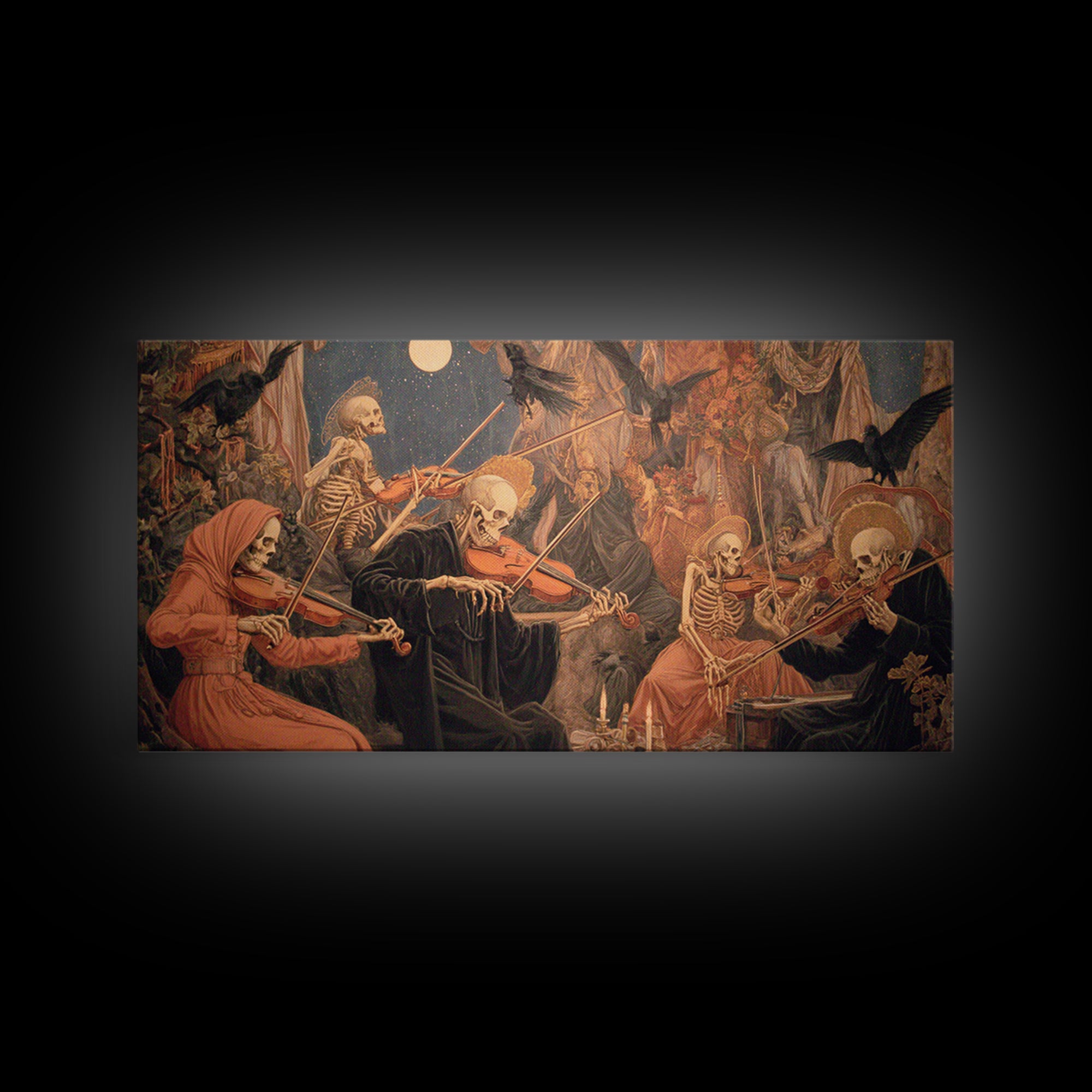 The Skeleton Orchestra, Dark Renaissance Art, Wide Panoramic Art, Gothic Horror Wall Art, Canvas Print, Halloween Wall Art
