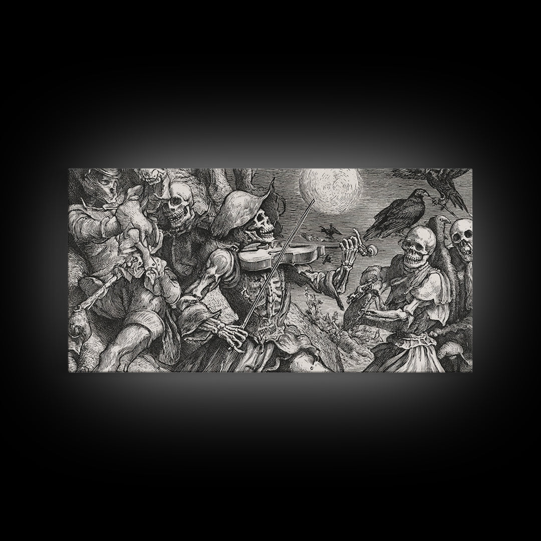 The Skeleton Orchestra, Renaissance Engraving Art, Wide Panoramic Art, Macabre Wall Art, Framed Canvas Print, Halloween Wall Art