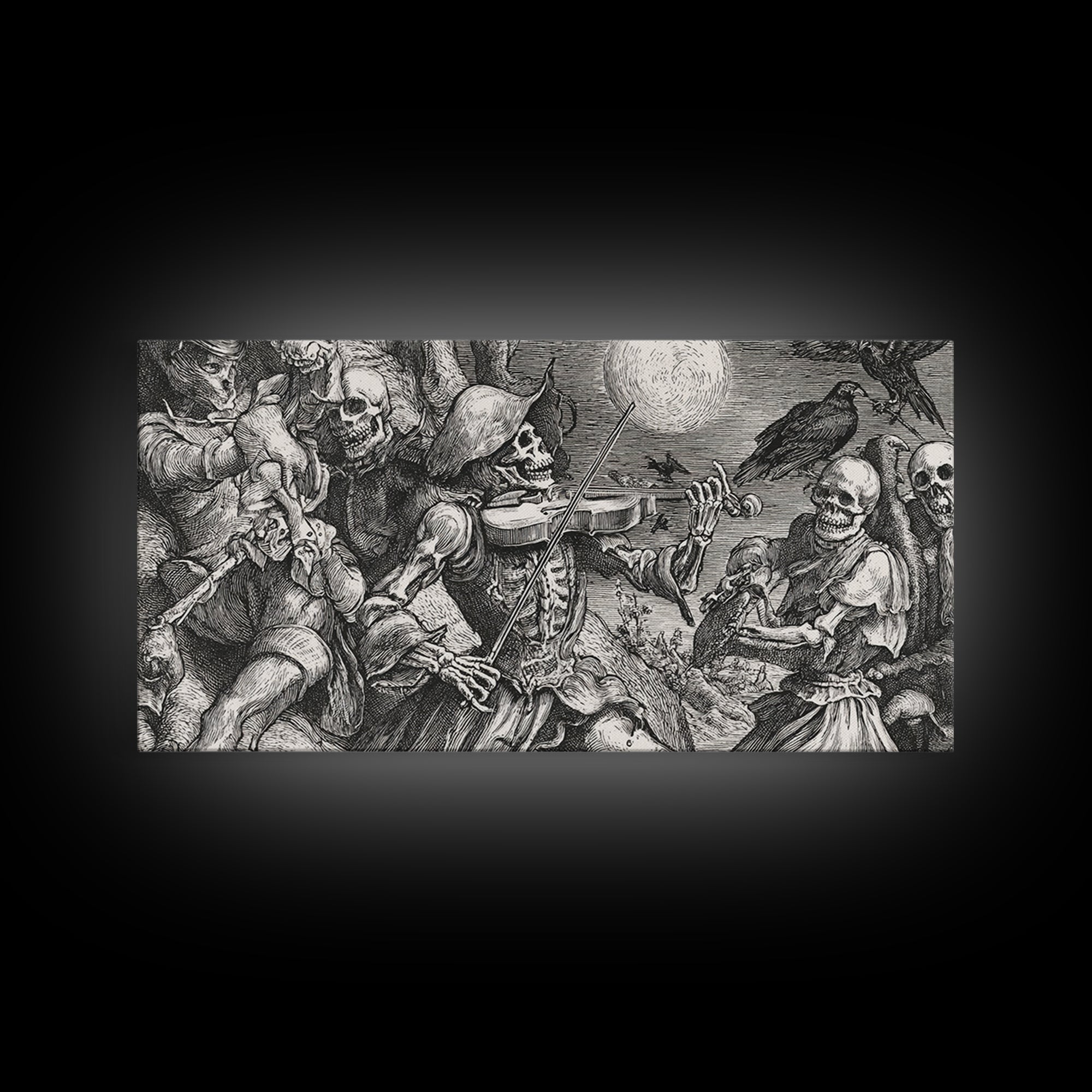 The Skeleton Orchestra, Renaissance Engraving Art, Wide Panoramic Art, Macabre Wall Art, Framed Canvas Print, Halloween Wall Art