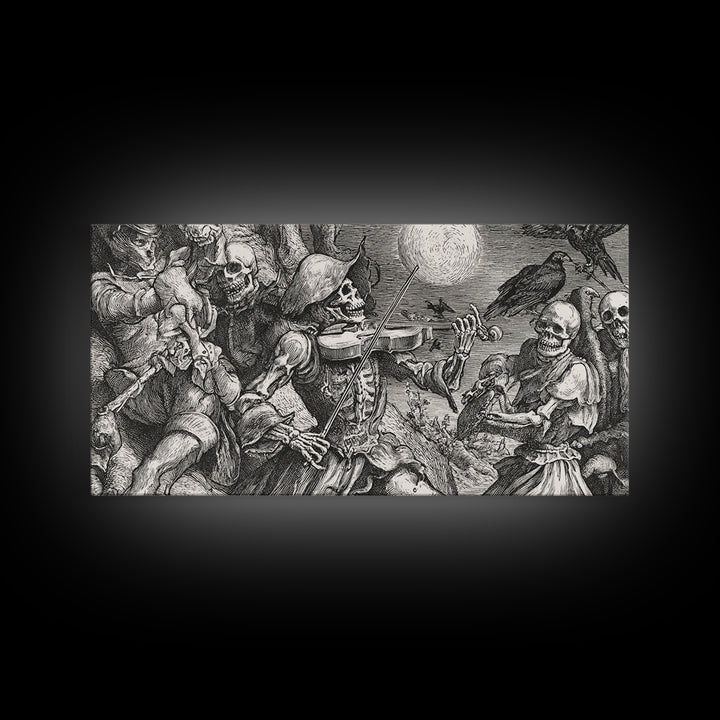 The Skeleton Orchestra, Renaissance Engraving Art, Wide Panoramic Art, Macabre Wall Art, Framed Canvas Print, Halloween Wall Art