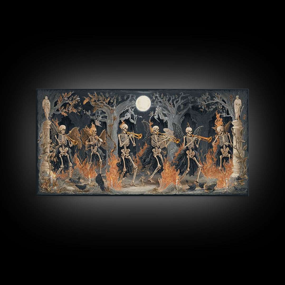 The Skeleton Orchestra, Visionary Gothic Art, Wide Panoramic Art, Dark Halloween Decor, Framed Canvas Print, Halloween Wall Art