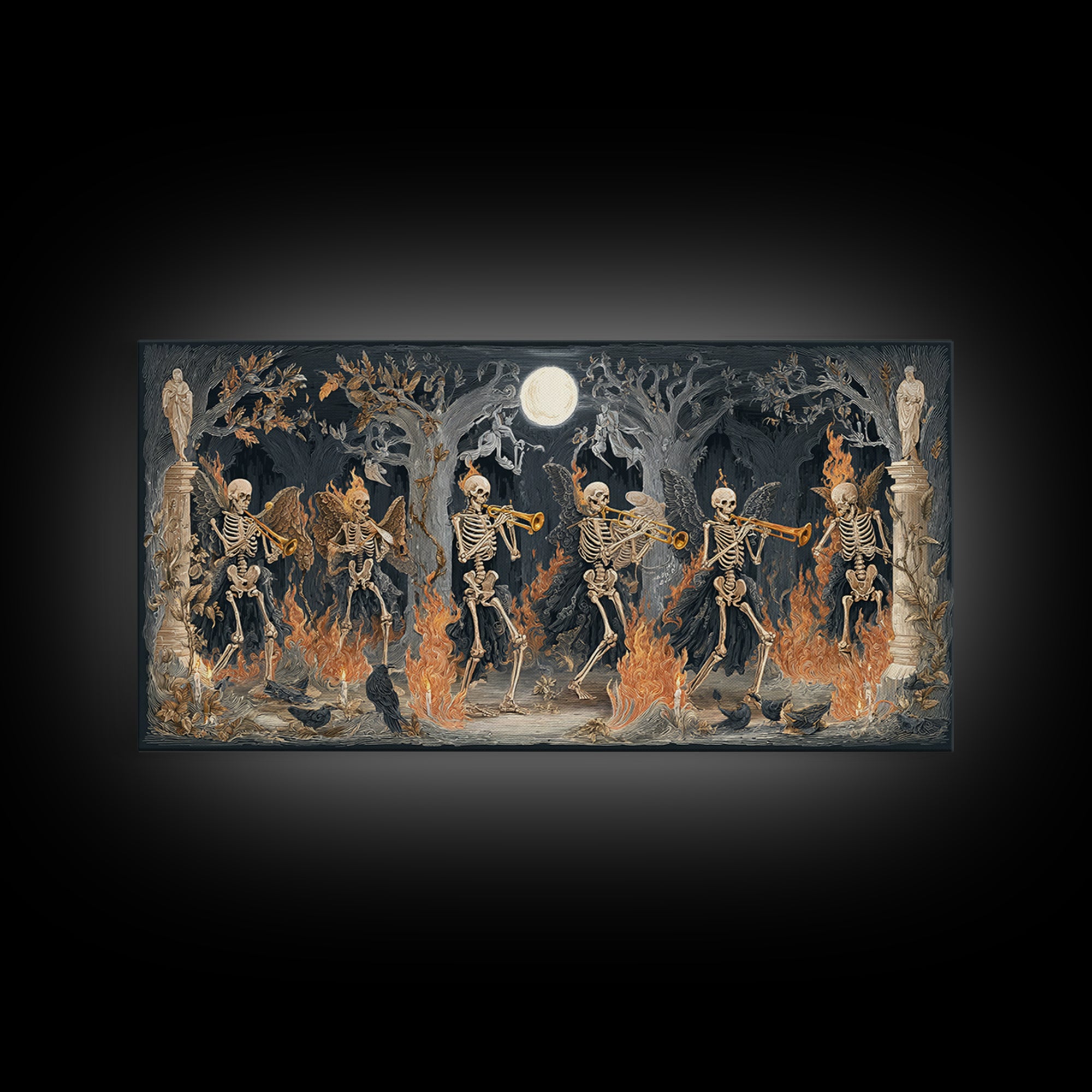 The Skeleton Orchestra, Visionary Gothic Art, Wide Panoramic Art, Dark Halloween Decor, Framed Canvas Print, Halloween Wall Art