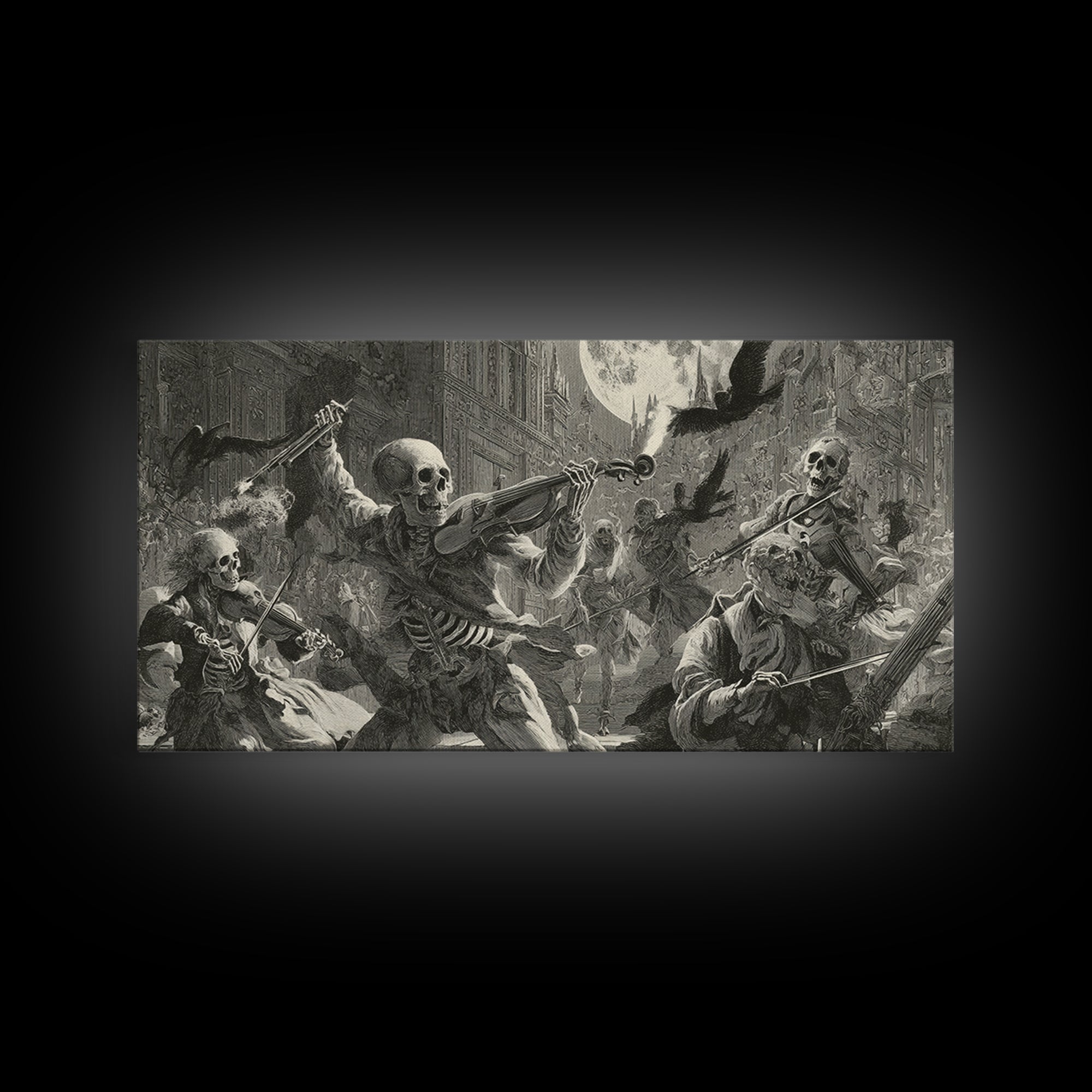 The Skeleton Orchestra, Architectural Etching Art, Wide Panoramic Art, Dark Halloween Decor, Framed Canvas Print
