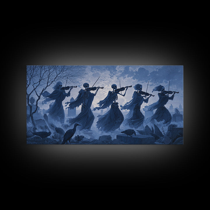 The Skeleton Orchestra, Romantic Gothic Landscape, Wide Panoramic Art, Dark Halloween Decor, Canvas Print, Halloween Wall Art
