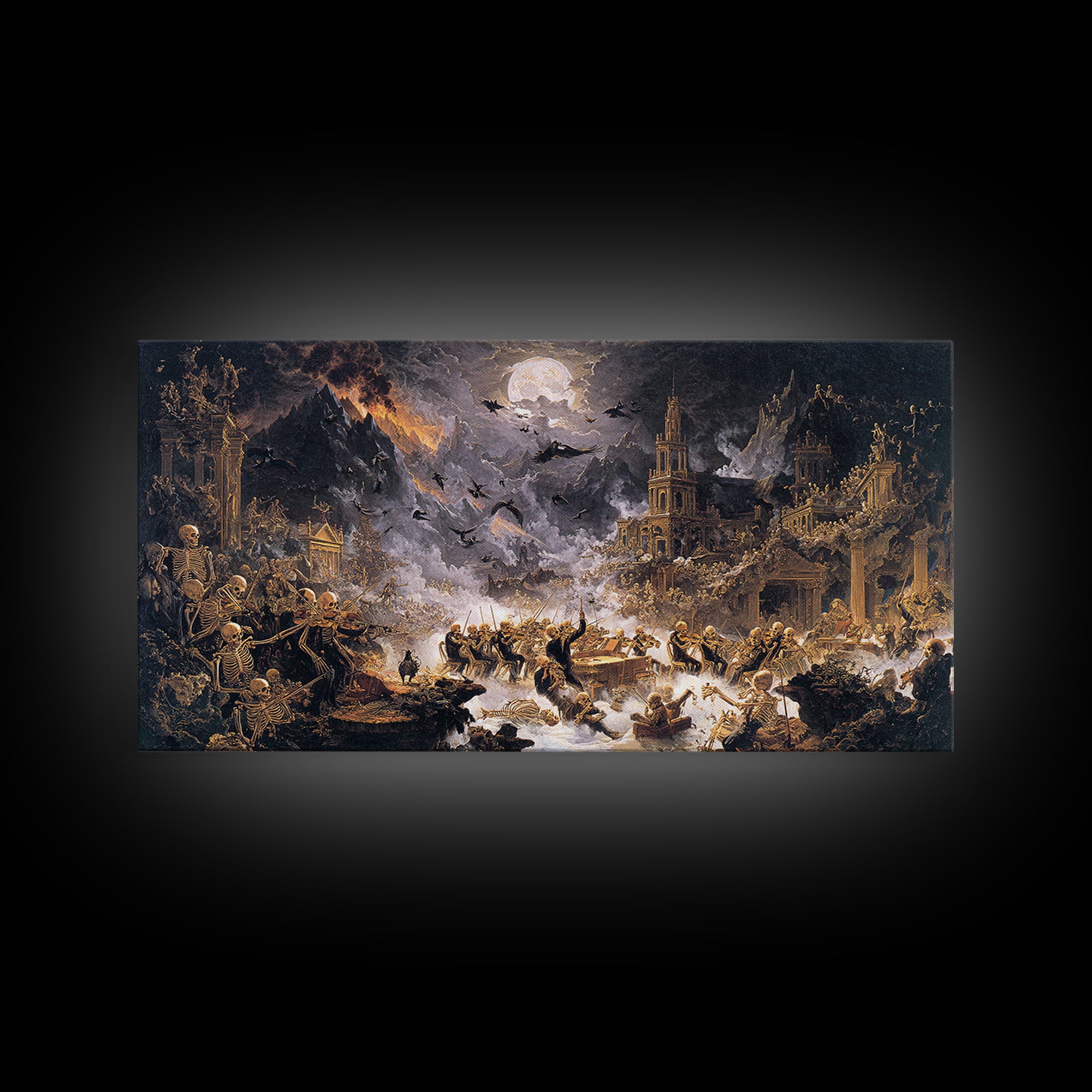 The Skeleton Orchestra, Apocalyptic Romantic Art, Wide Panoramic Art, Gothic Horror Wall Art, Framed Canvas Print, Halloween Wall Art