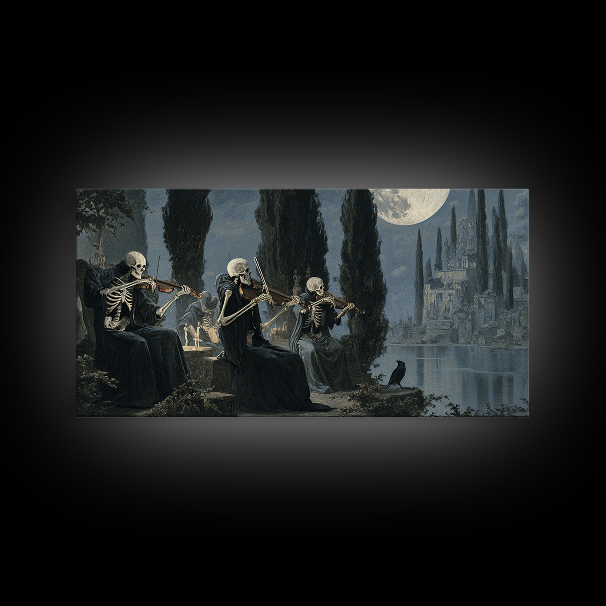The Skeleton Orchestra, Symbolist Gothic Landscape, Wide Panoramic Art, Dark Halloween Decor, Canvas Print, Halloween Wall Art