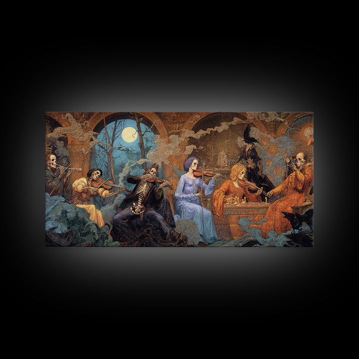 The Skeleton Orchestra, Ornate Symbolist Art, Wide Panoramic Art, Dark Fantasy Wall Art, Canvas Print, Halloween Wall Art