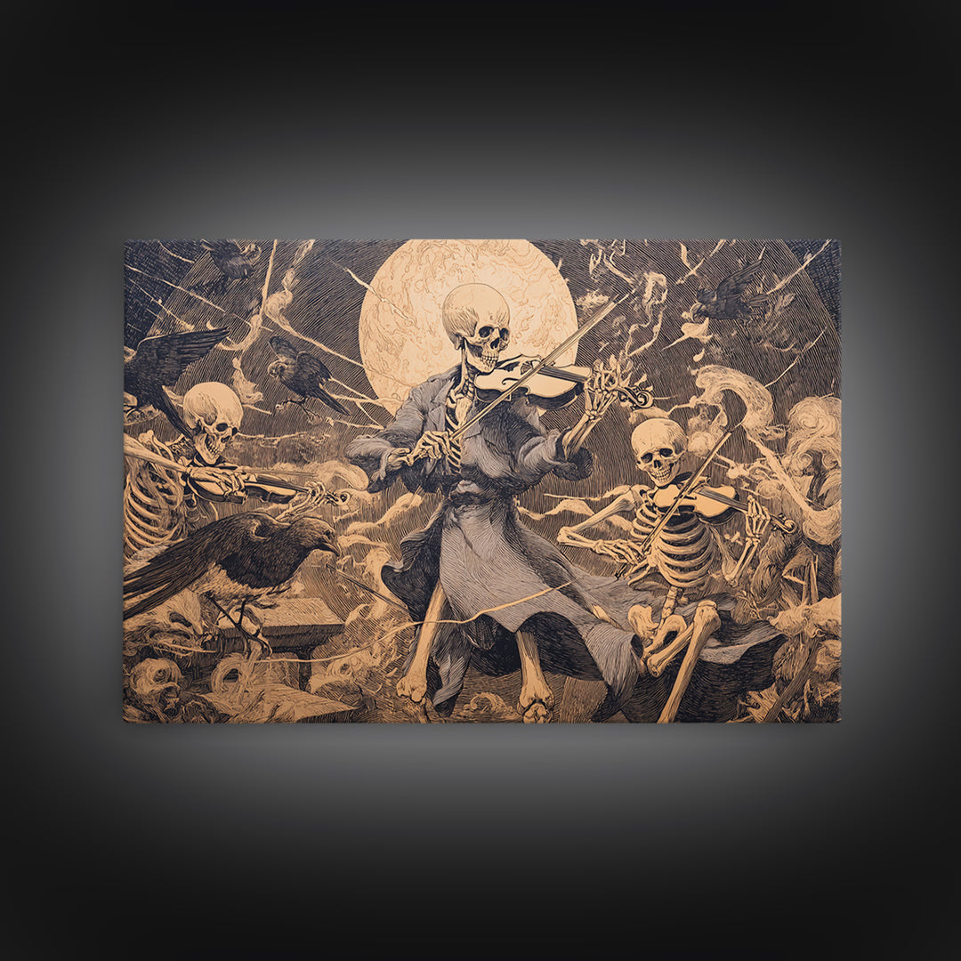 The Skeleton Orchestra, Symbolist Etching Art, Landscape Wall Art, Macabre Wall Art, Framed Canvas Print, Halloween Wall Art