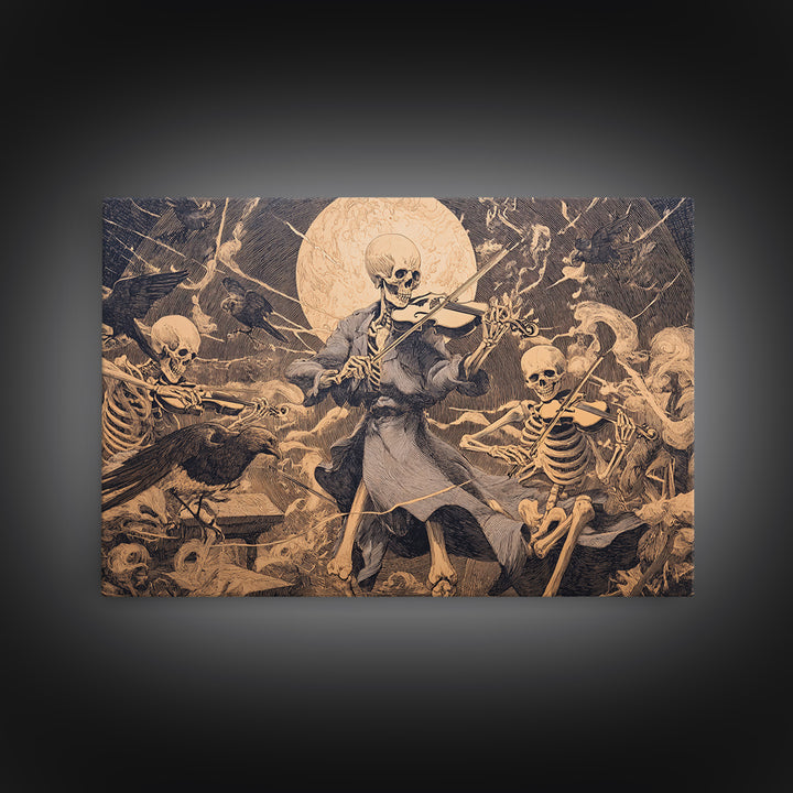 The Skeleton Orchestra, Symbolist Etching Art, Landscape Wall Art, Macabre Wall Art, Framed Canvas Print, Halloween Wall Art