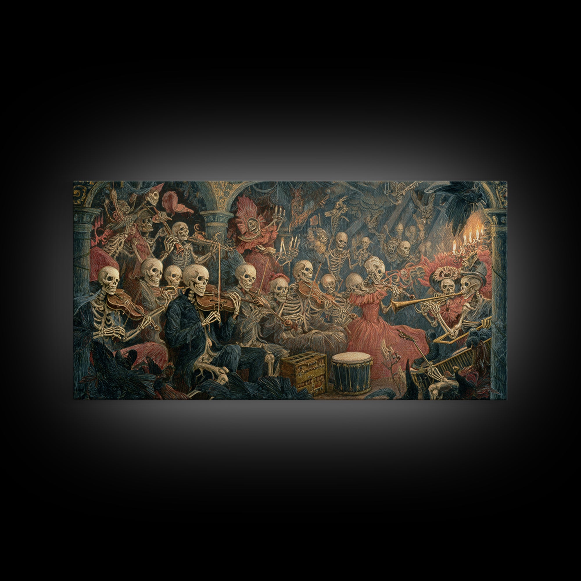 The Skeleton Orchestra, Grotesque Carnival Art, Wide Panoramic Art, Dark Fantasy Wall Art, Canvas Print, Halloween Wall Art