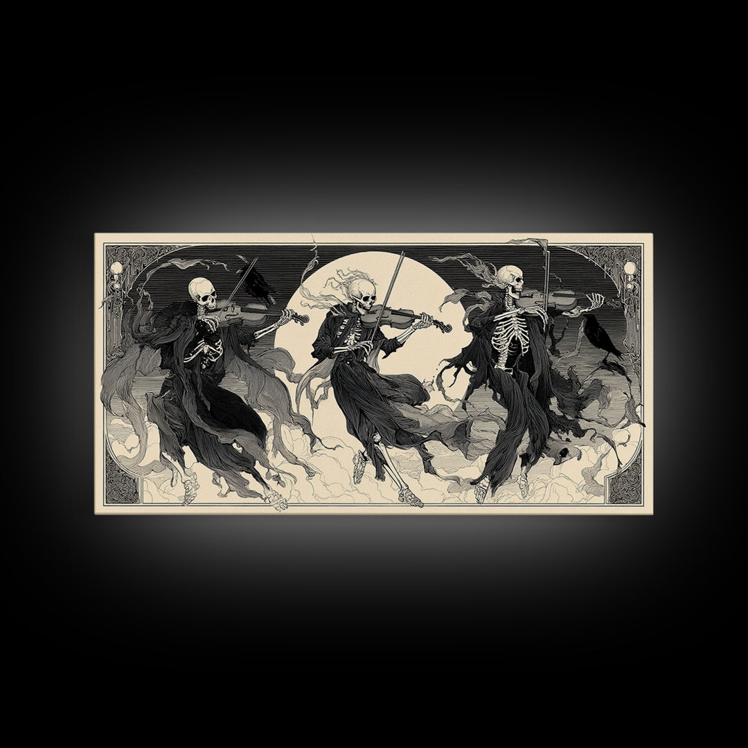 The Skeleton Orchestra, Decadent Line Art, Wide Panoramic Art, Gothic Horror Wall Art, Framed Canvas Print, Halloween Wall Art