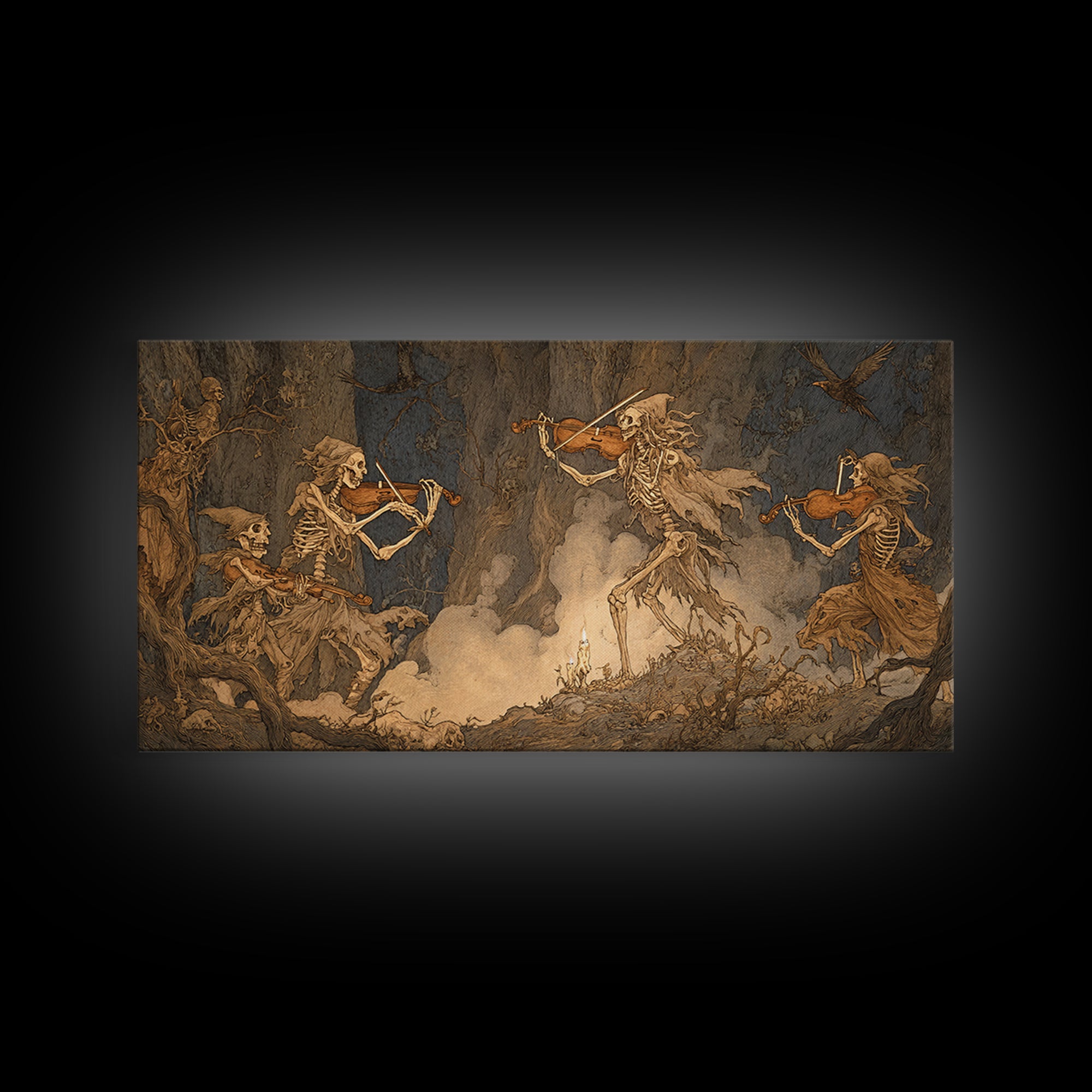 The Skeleton Orchestra, Gothic Storybook Art, Wide Panoramic Art, Dark Fantasy Wall Art, Framed Canvas Print, Halloween Wall Art