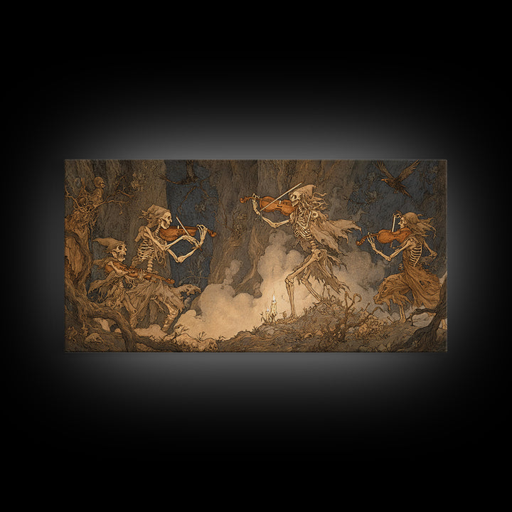 The Skeleton Orchestra, Gothic Storybook Art, Wide Panoramic Art, Dark Fantasy Wall Art, Framed Canvas Print, Halloween Wall Art