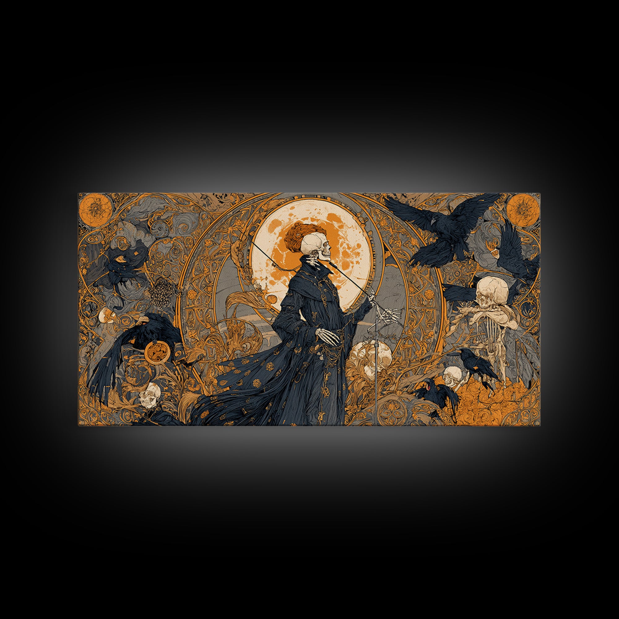 The Skeleton Orchestra, Stained Glass Gothic Art, Wide Panoramic Art, Gothic Horror Wall Art, Canvas Print, Halloween Wall Art