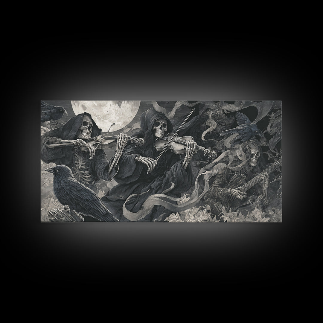 The Skeleton Orchestra, Biomechanical Horror Art, Wide Panoramic Art, Macabre Wall Art, Framed Canvas Print, Halloween Wall Art
