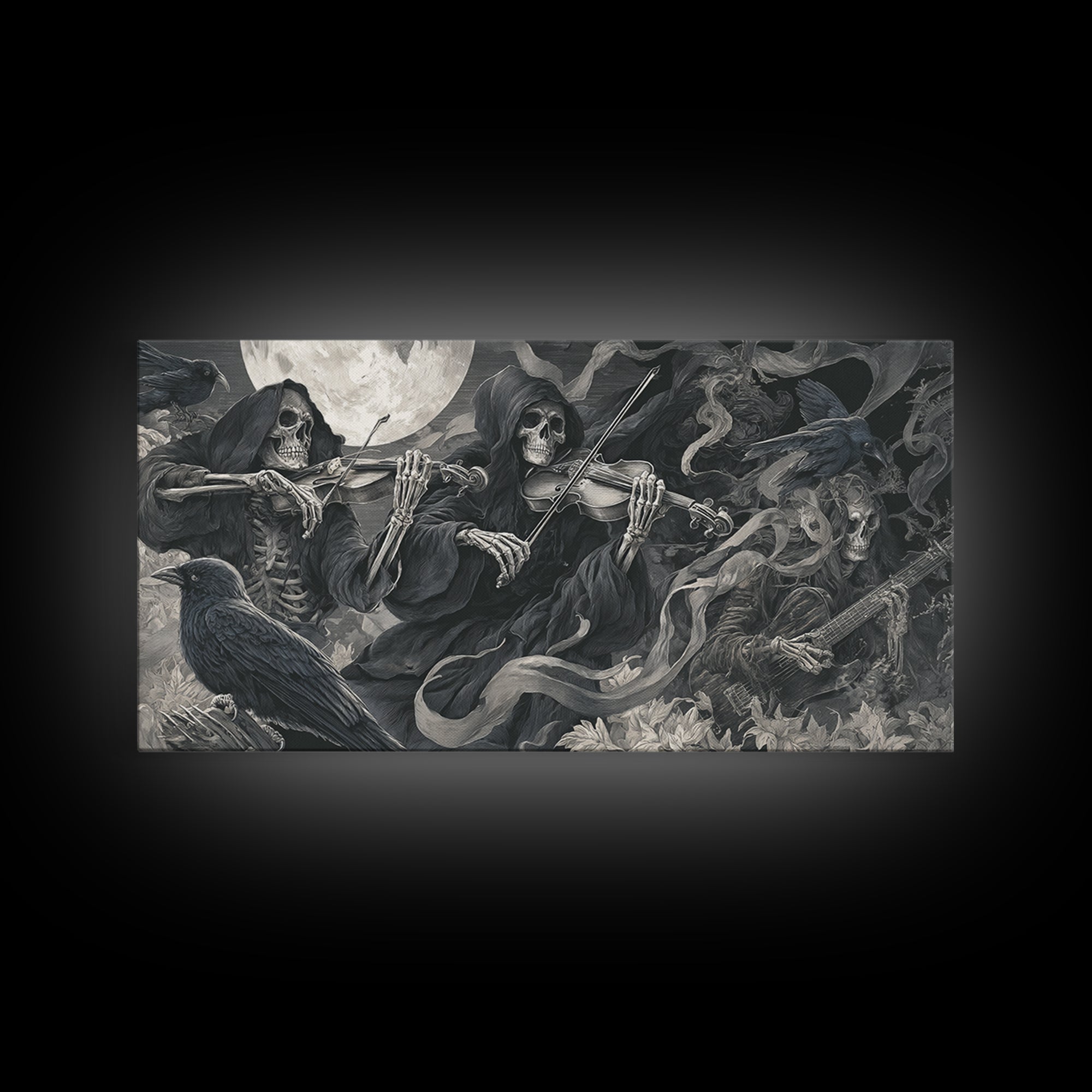 The Skeleton Orchestra, Biomechanical Horror Art, Wide Panoramic Art, Macabre Wall Art, Framed Canvas Print, Halloween Wall Art