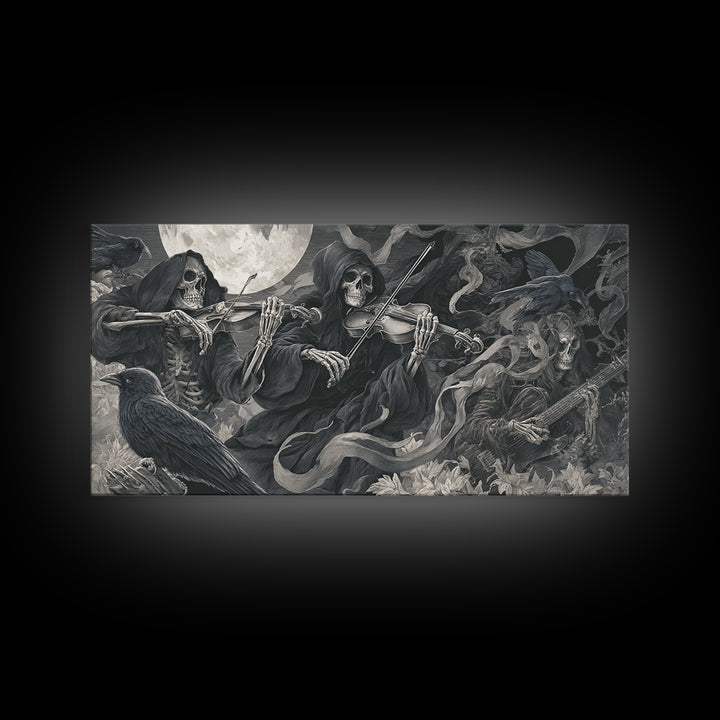 The Skeleton Orchestra, Biomechanical Horror Art, Wide Panoramic Art, Macabre Wall Art, Framed Canvas Print, Halloween Wall Art
