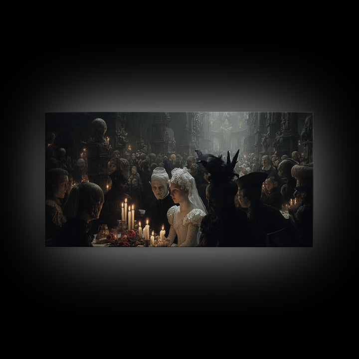 The Ghost Wedding, Medieval Grotesque Art, Wide Panoramic Art, Dark Halloween Decor, Canvas Print, Halloween Wall Art