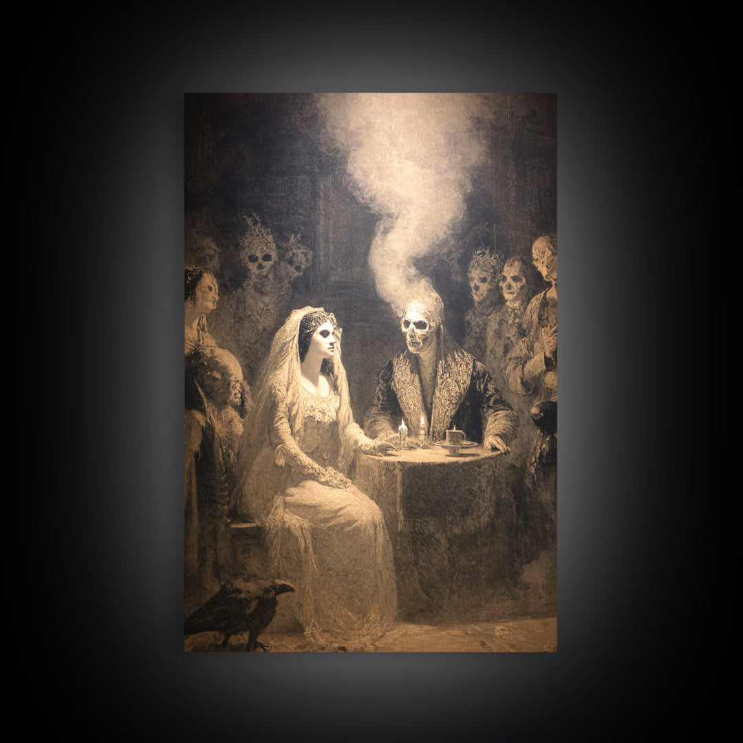 The Ghost Wedding, Symbolist Etching Art, Vertical Wall Art, Dark Fantasy Wall Art, Framed Canvas Print, Halloween Wall Art