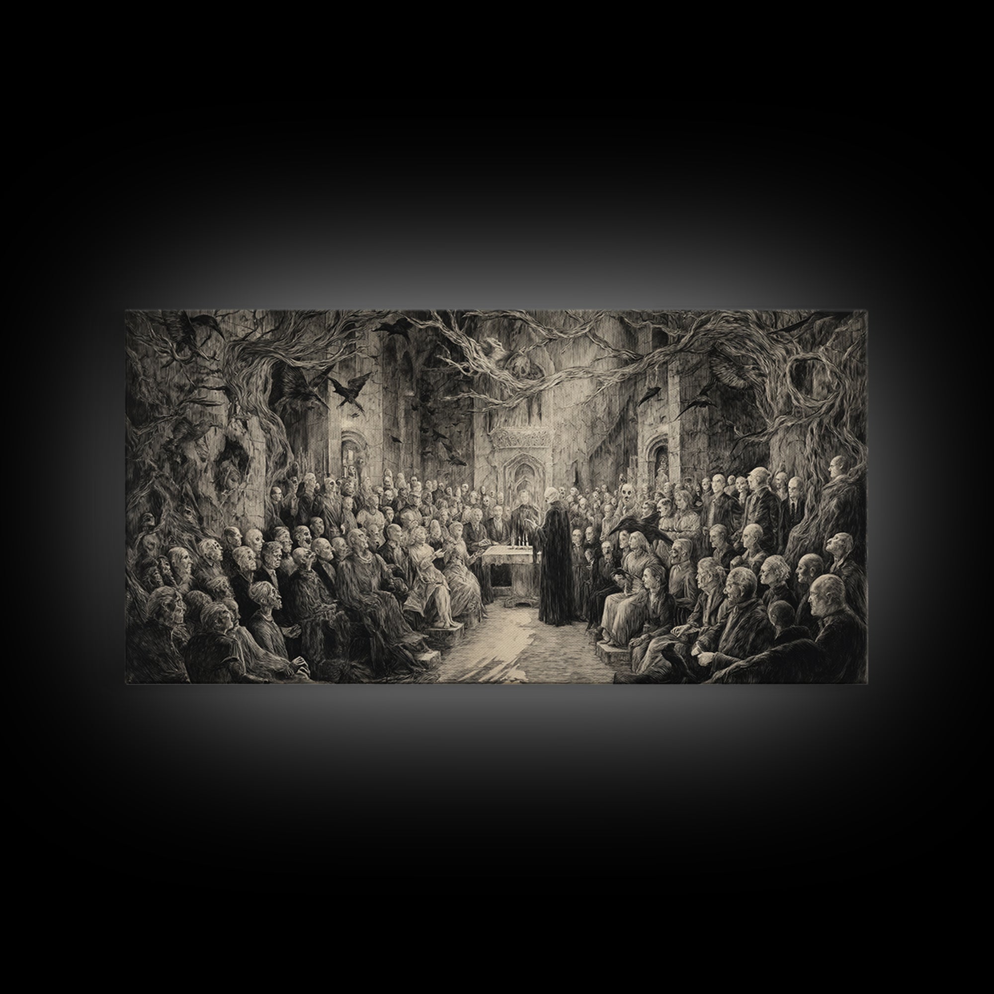 The Ghost Wedding, Expressionist Nightmare Art, Wide Panoramic Art, Dark Fantasy Wall Art, Framed Canvas Print, Halloween Wall Art