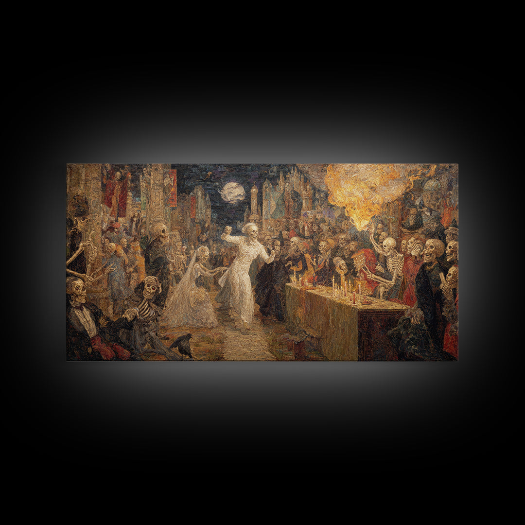 The Ghost Wedding, Grotesque Carnival Art, Wide Panoramic Art, Dark Halloween Decor, Framed Canvas Print, Halloween Wall Art