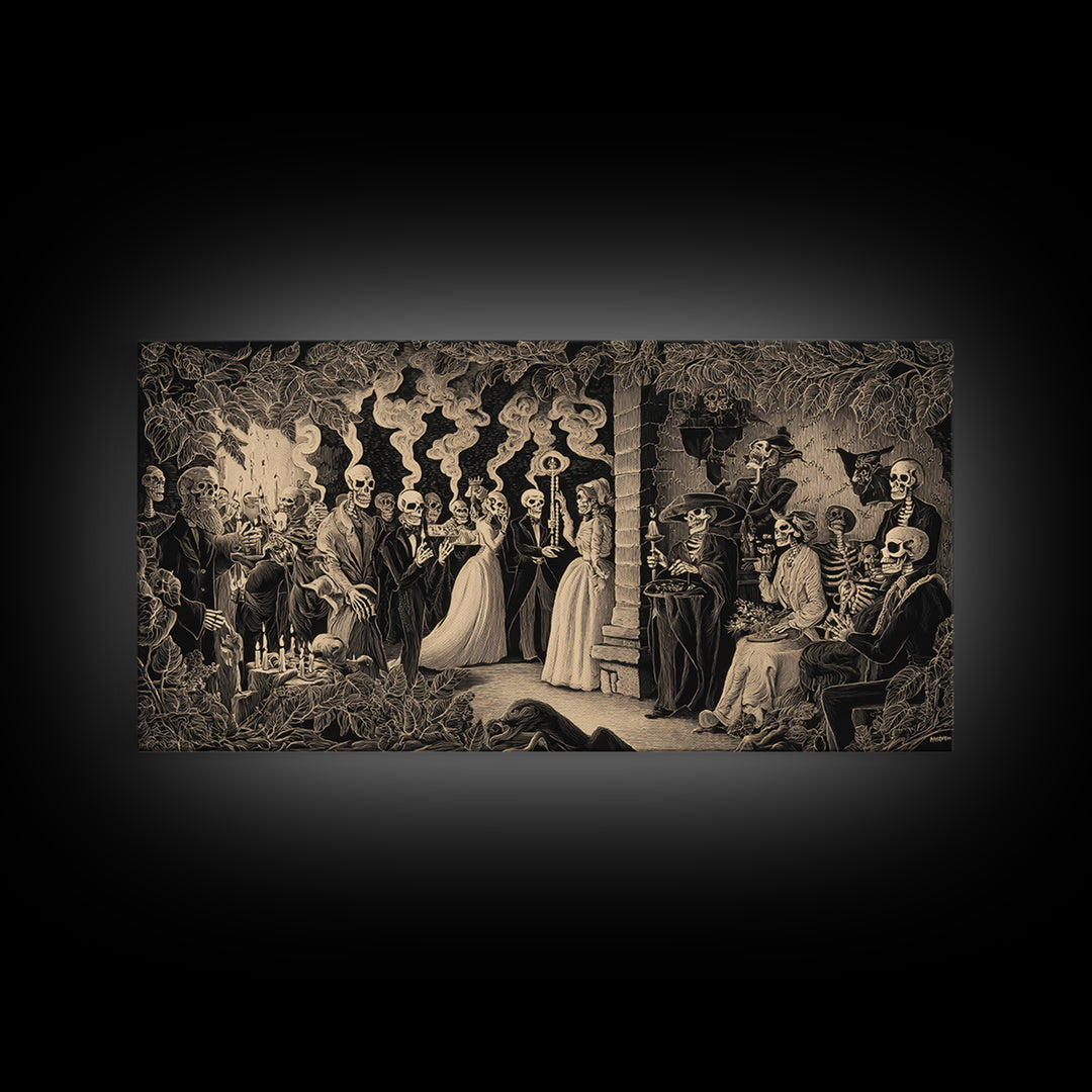 The Ghost Wedding, Macabre Folk Print Art, Wide Panoramic Art, Macabre Wall Art, Framed Canvas Print, Halloween Wall Art
