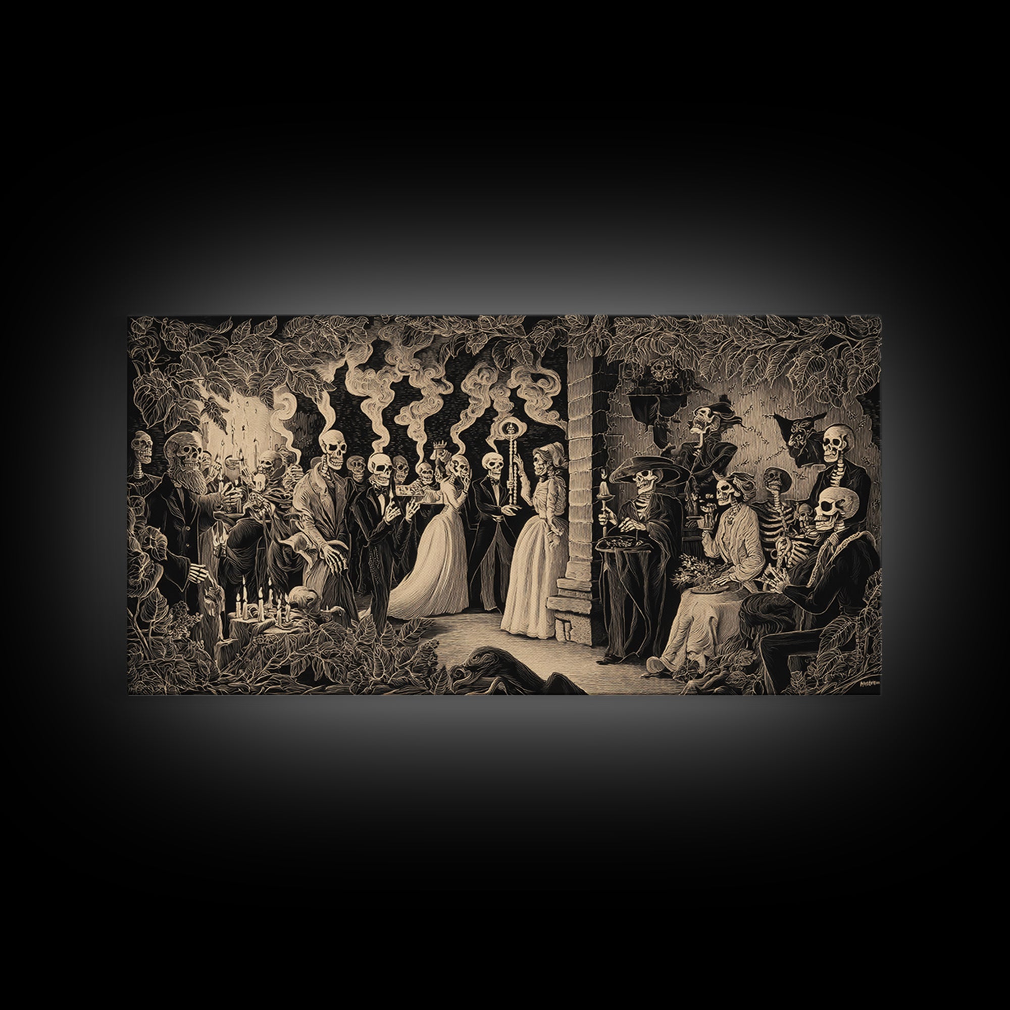 The Ghost Wedding, Macabre Folk Print Art, Wide Panoramic Art, Macabre Wall Art, Framed Canvas Print, Halloween Wall Art